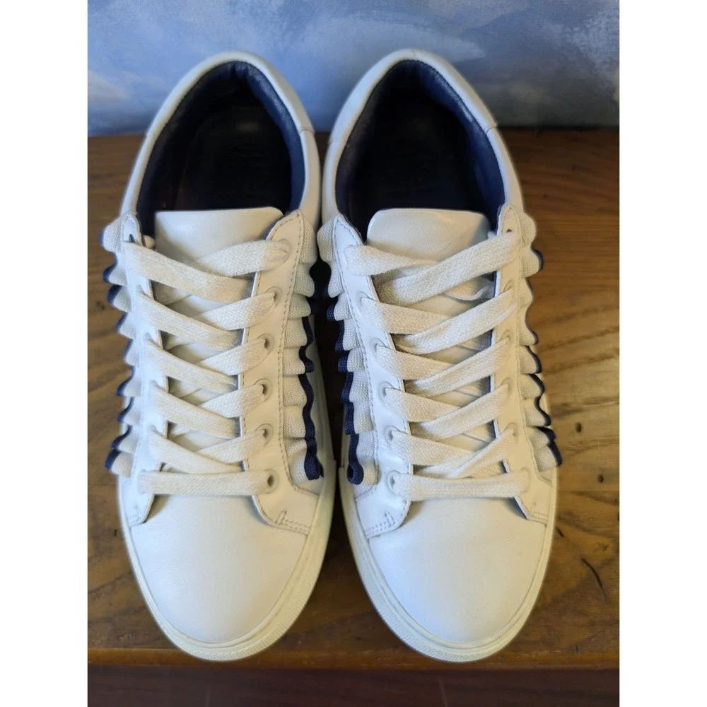 Tory Burch Sport White Blue Ruffle Leather Sneakers Women Size 7M